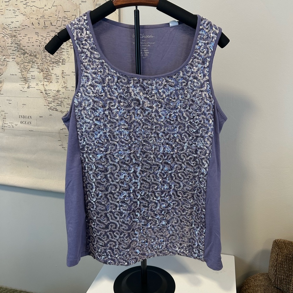 Chico’s Size 1 (Medium 8/10) Purple Sequin Front Tank Top Sparkly Layering Piece